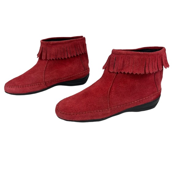 Red Suede Leather Ankle Moccasin Fringe Boots Size 8.5 Like new! - Picture 4 of 11